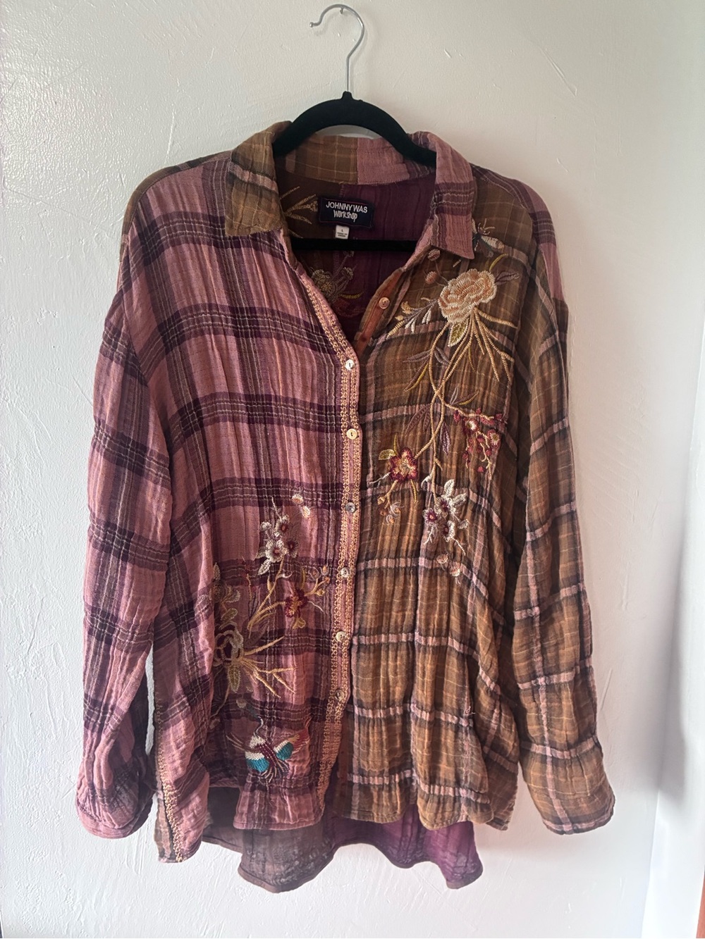 Johnny Was Floral Embroidered Plaid Button Down Two Tone Size Large Fall Style